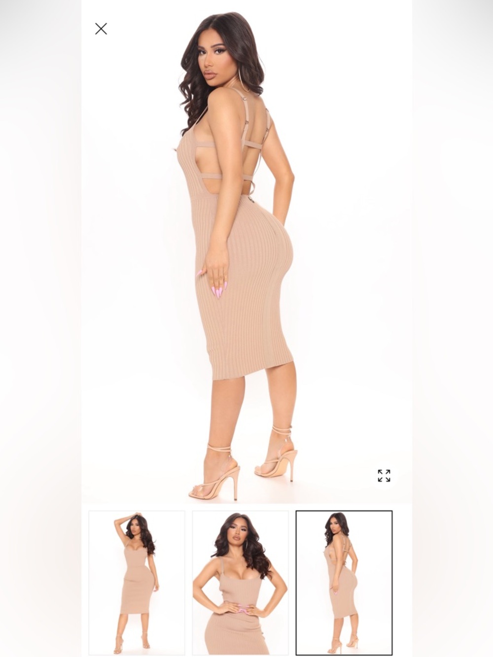 Ribbed Strappy Midi Dress in Nude